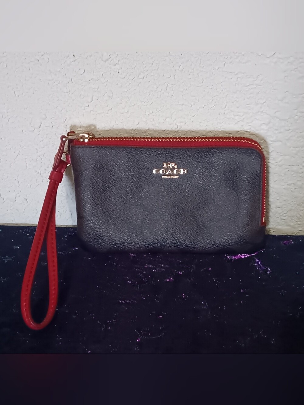 Coach Signature Monogram double zip  double corners wristlet DARK BROWN RED EUC